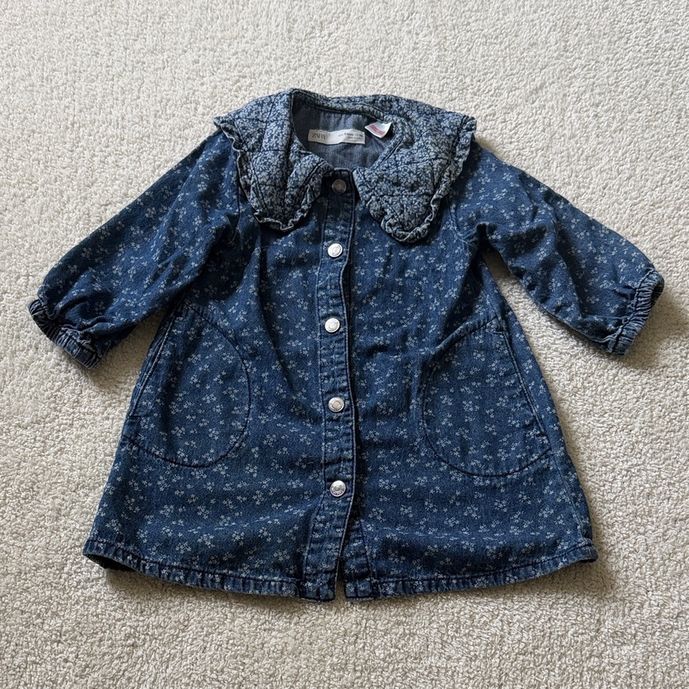 Zara Navy Floral Denim Button-Front Dress with Quilted Collar
